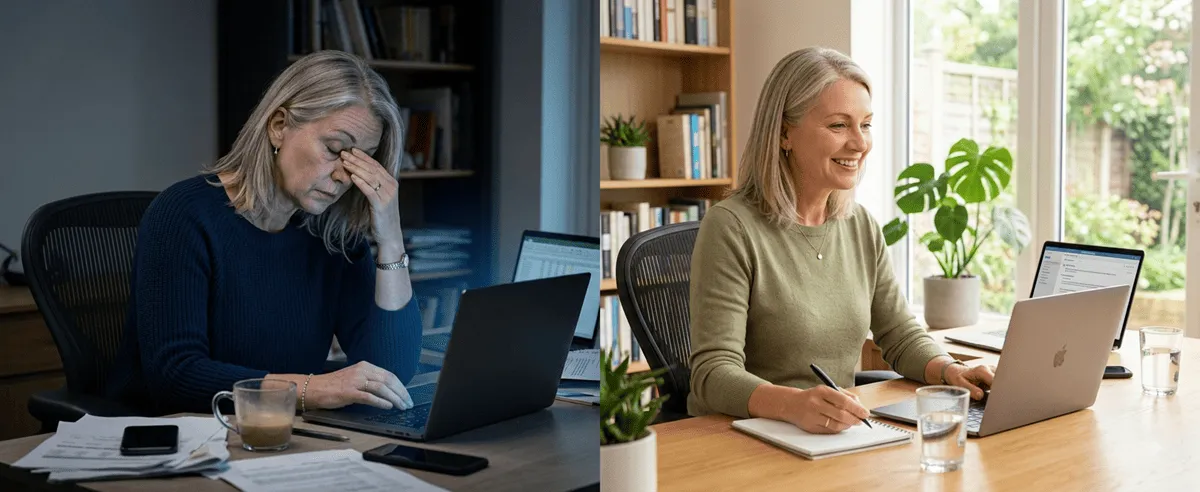 Before and after — woman exhausted at desk vs focused and energized working happily