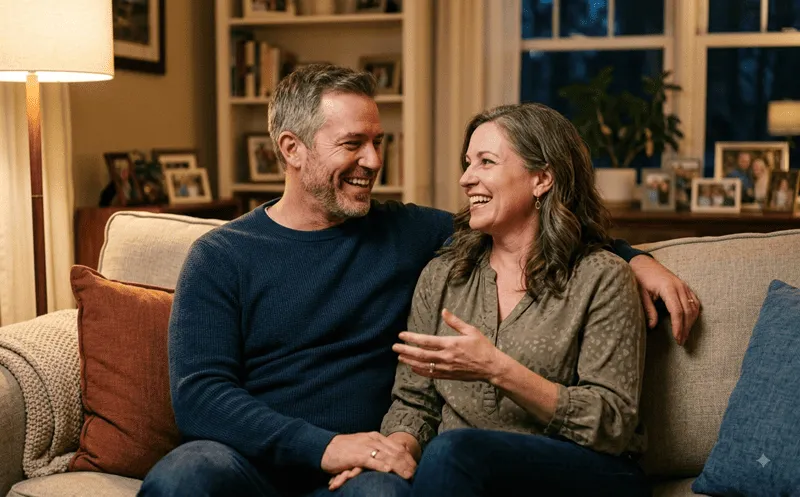 Happy couple in their 40s enjoying an evening at home — mentally present and connected