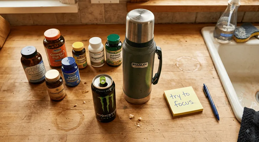 Kitchen counter full of failed supplements, energy drinks and a sticky note saying try to focus
