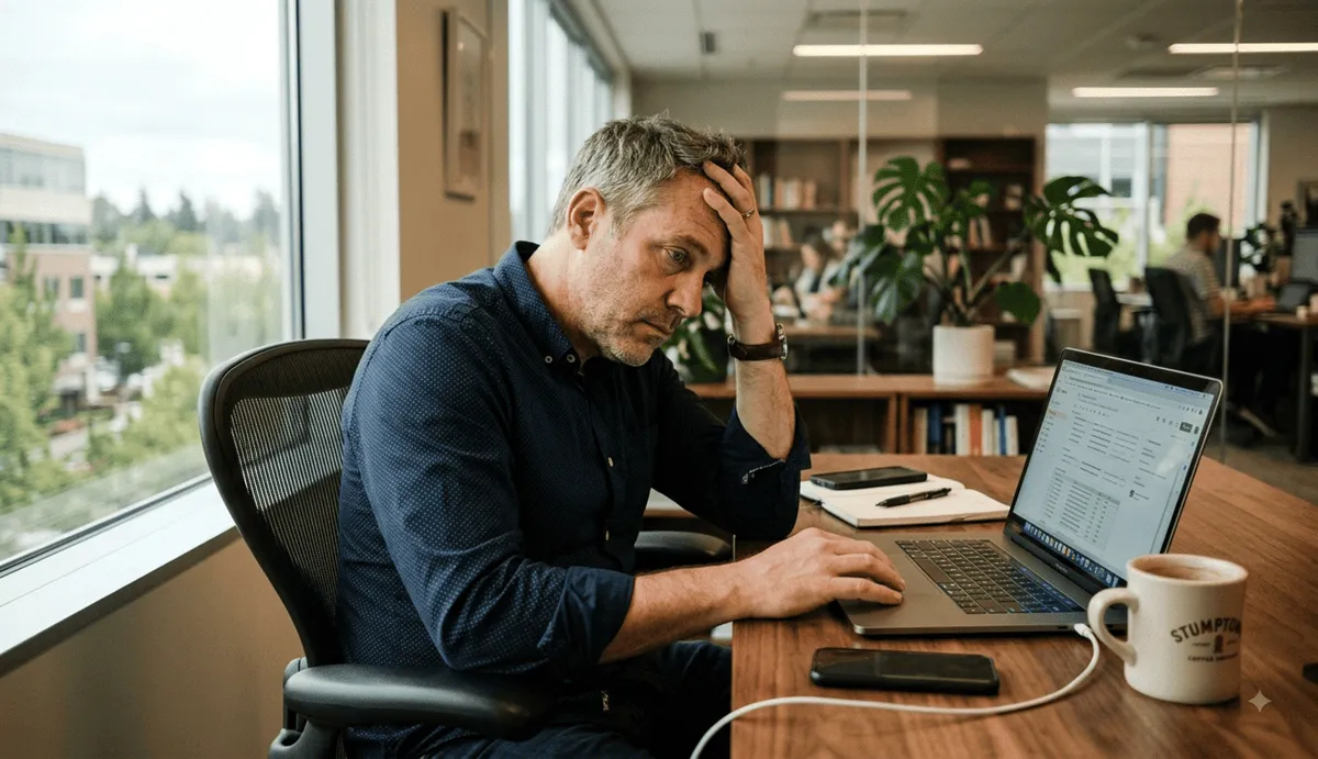 Professional man experiencing brain fog and mental exhaustion at his desk