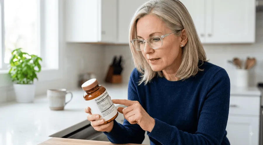 Woman carefully reading supplement label — checking ingredients before deciding