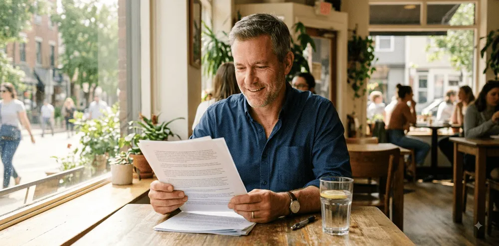 Man relaxed and mentally clear reading at a cafe — the feeling Neuro Serge users describe at week 5