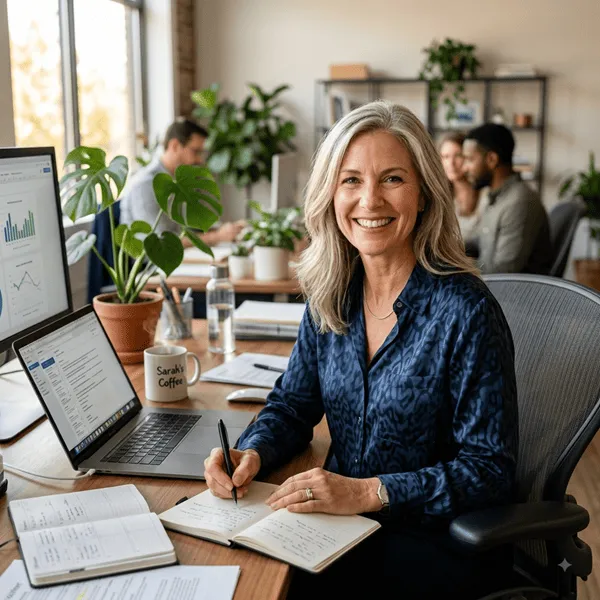 Focused professional woman working confidently at her desk